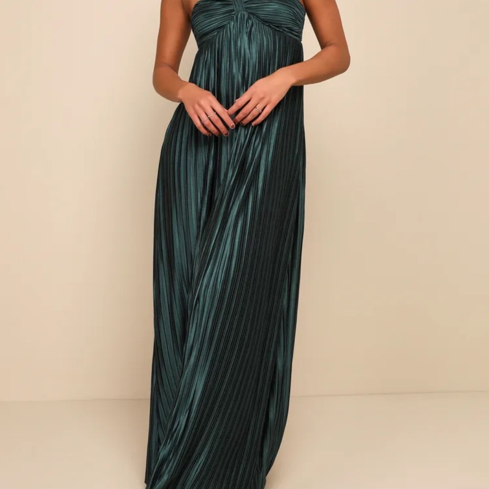 Whimsical Beauty Emerald Green Satin Plisse Strapless Maxi Dress